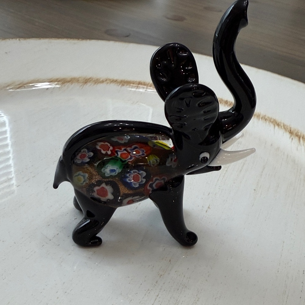 Black Glass Elephant Figurine with Colorful Floral Design